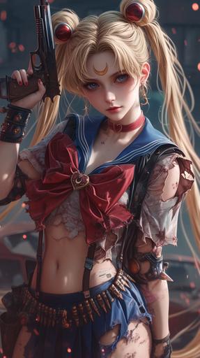 post apocalyptic female human, blonde, wears tattered sailor moon costume, has dual pistols, Long Shot, Photorealism, Bokeh blur, Very high detail, sharp, Artstation, 8k HD --niji 6 --ar 9:16