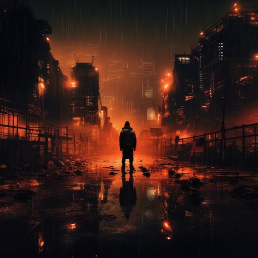 post apocalyptic scene, dark city, rainy night cyberpunk, stylised, 4k, hd, orange neon background, static interference
