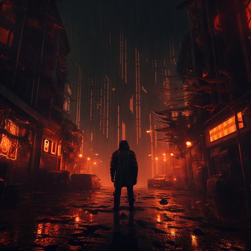 post apocalyptic scene, dark city, rainy night cyberpunk, stylised, 4k, hd, orange neon background, static interference