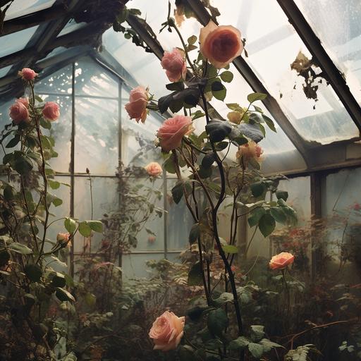 post apocolyptic large victorian glasshouse fullof overgrown thorny roses pressed up against and escaping from cracks in the glass hyperrealistic photograph