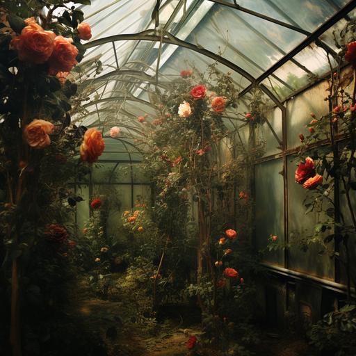 post apocolyptic large victorian glasshouse fullof overgrown thorny roses pressed up against and escaping from cracks in the glass hyperrealistic photograph