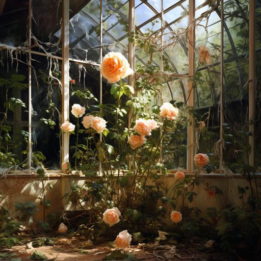 post apocolyptic large victorian glasshouse fullof overgrown thorny roses pressed up against and escaping from cracks in the glass hyperrealistic photograph