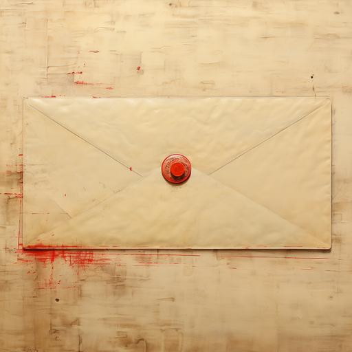post impressionist style, thick old long yellowing envelope containing several documents, sealed with a bright red circular seal in the center, light color, faint, minimal detail, sitting on a wood table, view at an angle on envelope