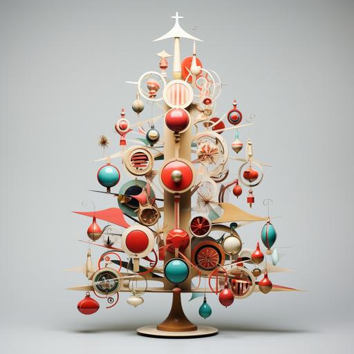post modern, deconstructivist Christmas tree with ornaments in Russian deconstructivist style.