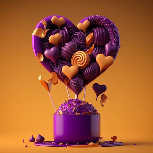 post social media, san valentin, corazon, dulces, 4k, fondo morado, dulces amarillos, 3D