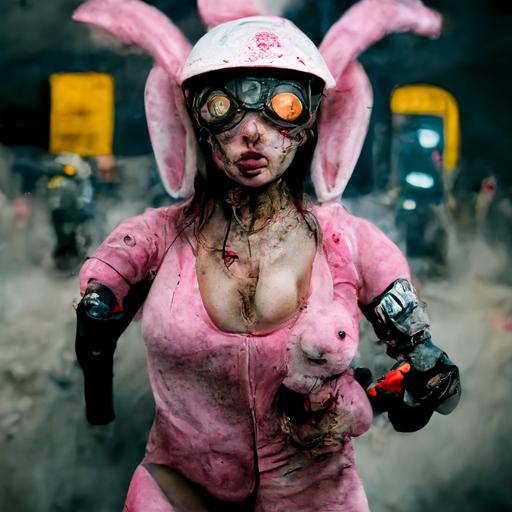 postapocalyptic City Girl in a pink bunny costume is fighting zombies Photo bashing unrealistisch Engine octane