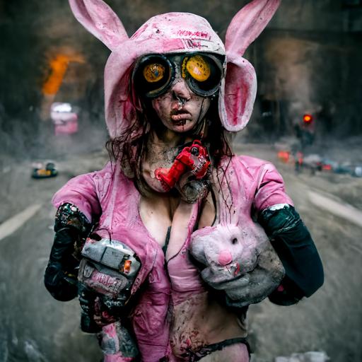 postapocalyptic City Girl in a pink bunny costume is fighting zombies Photo bashing unrealistisch Engine octane