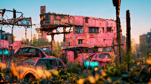 postapocalyptic environment abandoned city, last of us, octane render, destroyed building, sunset light, rusty cars, thick vines, sera tone, subtle neon and pink highlights --wallpaper --uplight