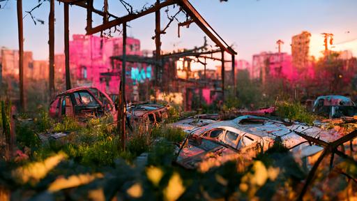 postapocalyptic environment abandoned city, last of us, octane render, destroyed building, sunset light, rusty cars, thick vines, sera tone, subtle neon and pink highlights --wallpaper --uplight