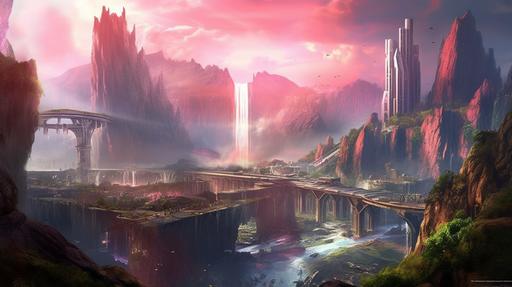 postapocalyptic landscape with a lot of small details, small barey visiblle, huts, animals, plats, landscape of an apocapocalyptic plane with toxic river and waterfall in the foreground, city and mountains in the backgroundby frederic edwin church and bosh --ar 16:9 --c 44