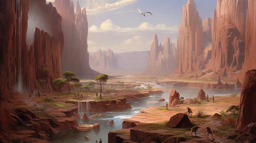 postapocalyptic landscape with a lot of small details, small barey visiblle, huts, animals, plats, landscape of an apocapocalyptic plane with toxic river and waterfall in the foreground, city and mountains in the backgroundby frederic edwin church and bosh --ar 16:9