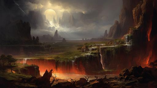 postapocalyptic landscape with a lot of small details, small barey visiblle, huts, animals, plats, landscape of an apocapocalyptic plane with toxic river and waterfall in the foreground, city and mountains in the backgroundby frederic edwin church and bosh --ar 16:9