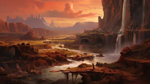 postapocalyptic landscape with a lot of small details, small barey visiblle, huts, animals, plats, landscape of an apocapocalyptic plane with toxic river and waterfall in the foreground, city and mountains in the backgroundby frederic edwin church and bosh --ar 16:9