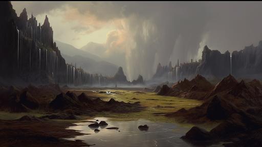 postapocalyptic landscape with a lot of small details, small barey visiblle, huts, animals, plats, landscape of an apocapocalyptic plane with toxic river and waterfall in the foreground, city and mountains in the backgroundby frederic edwin church and bosh --ar 16:9 --c 44