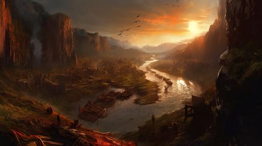 postapocalyptic landscape with a lot of small details, small barey visiblle, huts, animals, plats, landscape of an apocapocalyptic plane with toxic river and waterfall in the foreground, city and mountains in the backgroundby frederic edwin church and bosh --ar 16:9 --c 44