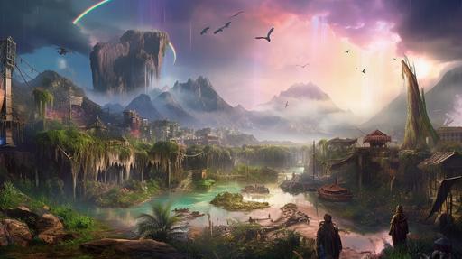 postapocalyptic landscape with a lot of small details, small barey visiblle, huts, animals, plats, landscape of an apocapocalyptic plane with toxic river and waterfall in the foreground, city and mountains in the backgroundby frederic edwin church and bosh --ar 16:9 --c 44