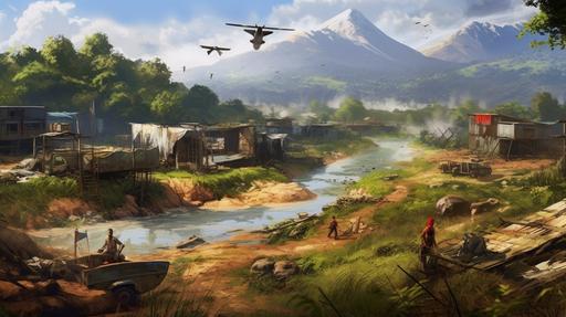 postapocalyptic landscape with a lot of small details, small barey visiblle, huts, animals, plats, landscape of an apocapocalyptic plane with toxic river and waterfall in the foreground, city and mountains in the backgroundby frederic edwin church and bosh --ar 16:9 --c 44