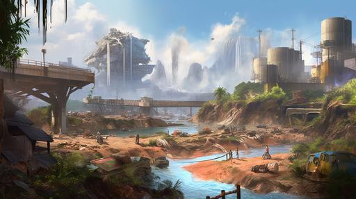 postapocalyptic landscape with a lot of small details, small barey visiblle, huts, animals, plats, landscape of an apocapocalyptic plane with toxic river and waterfall in the foreground, city and mountains in the backgroundby frederic edwin church and bosh --ar 16:9 --c 44