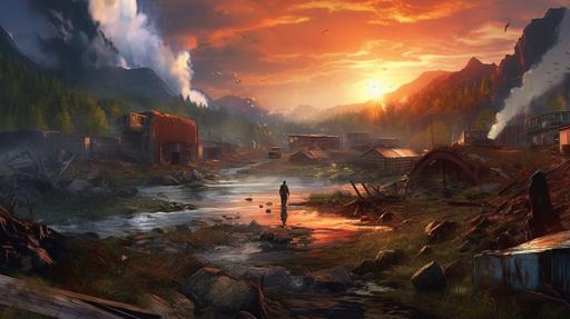 postapocalyptic landscape with a lot of small details, small barey visiblle, huts, animals, plats, landscape of an apocapocalyptic plane with toxic river and waterfall in the foreground, city and mountains in the backgroundby frederic edwin church and bosh --ar 16:9 --c 44