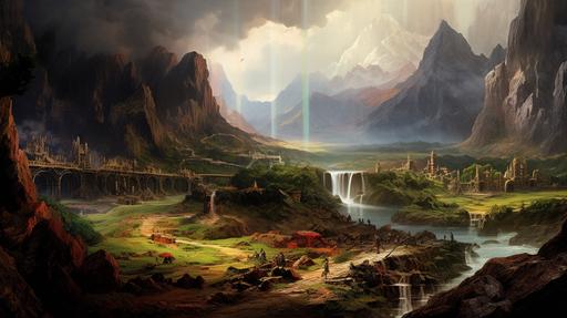 postapocalyptic landscape with a lot of small details, small barey visiblle, huts, animals, plats, landscape of an apocapocalyptic plane with toxic river and waterfall in the foreground, city and mountains in the backgroundby frederic edwin church and bosh --ar 16:9