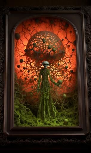 poster art, neon victorian brass lichen framing haunted iconography, copper slime-mold divine entity, femme --ar 3:5