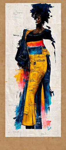 poster hyper realistic photo 8K fashion large view full of colors luxurious black woman very beautiful blueprint wallpaper well proportioned  balenciaga saint laurent Jean-Michel Basquiat style --ar 7:16