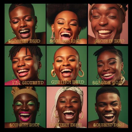 poster of 9 images in grid /. 9 different styles of gold teeth on black people smiling. Close up images of just their nose to chin. Gold grill with diamonds rubies and emeralds . Each photo with old English number 1 through 9 with pastel pink and black outline. GLCHRST title in center top of the poster in bold black letters