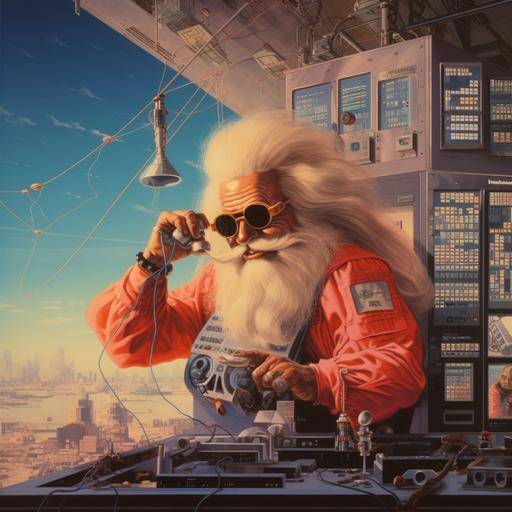 poster of epic Swedish old telecom engineer in the 80s. Inventing phone switch while drinking beer. Retro futurism