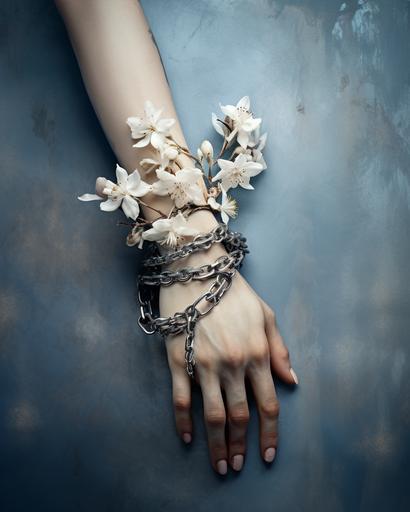 poster, women's torn silver bracelet with flowers, torn photograph of a woman, on a cold textured background --ar 4:5