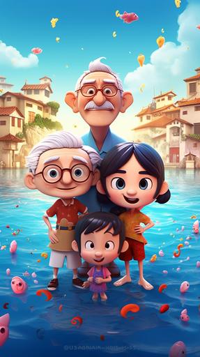 festival poster,this is a chinese father's day ,cartoon movie poster,dad hold daughter and son's hands,They laughed happily at the seaside,,copywriting and layout,The background environment is very rich,ultra high definition,32K UHD，by movie Luca --ar 9:16 --q 2 --v 5 --s 750