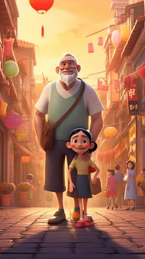 festival poster,this is a chinese father's day ,cartoon movie poster,dad and daughter holding hands,They laughed happily,copywriting and layout,The background environment is very rich,ultra high definition,32K UHD，by movie Luca --ar 9:16 --q 2 --v 5 --s 750
