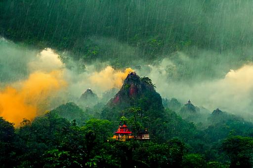 potatoes overlooking mountain temple in lush secluded jungle saturated colors wild storm --ar 1920:1280