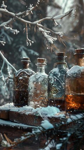 potion bottles in winter --ar 9:16
