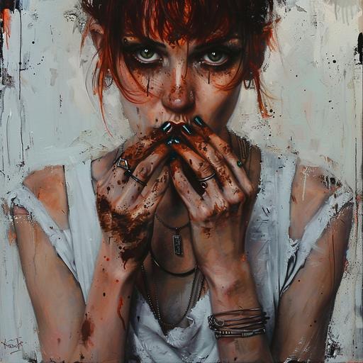 potrait of a devil woman biting her nails. Big eyes. Black neckless. Dark green nails. Silver rings on her hands. Red short hair. White V neck tshirt with mud stains. Oil paiting. Gilgamesh. --v 6.0
