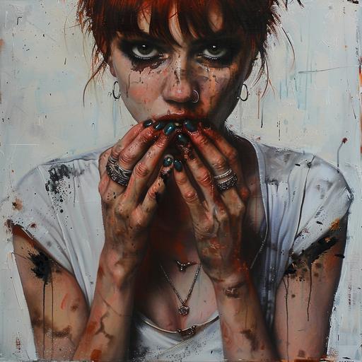 potrait of a devil woman biting her nails. Big eyes. Black neckless. Dark green nails. Silver rings on her hands. Red short hair. White V neck tshirt with mud stains. Oil paiting. Gilgamesh.