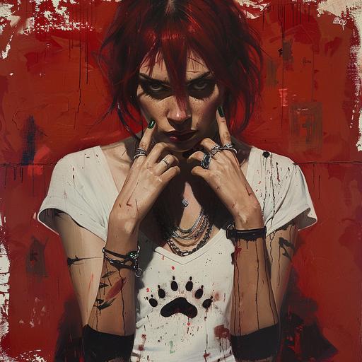 potrait of a devil woman. Black neckless. Dark green nails. Silver rings on her hands. Red short hair. White V neck tshirt with cat footprints. Oil paiting. Gilgamesh.
