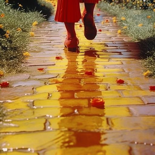 pov welcome to Oz, 1953, yellow brick road, gold brick walkway , puddle of smeared strong red liquid, one ruby red slipper, 8k --s 750 --v 5.1