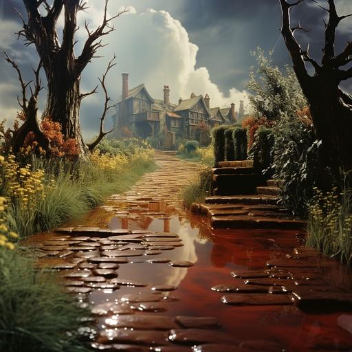 pov welcome to Oz, wizard of oz environment 1953, yellow brick road, gold brick walkway , small puddle of opaque strong red paint, one ruby red slipper, 8k --s 750 --v 5.2