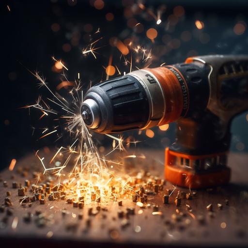 power drill surrounded by sparks, on a metal board