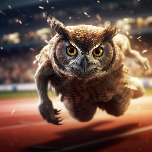 powerful cartoonish owl running in a track meet dramatic lighting closeup