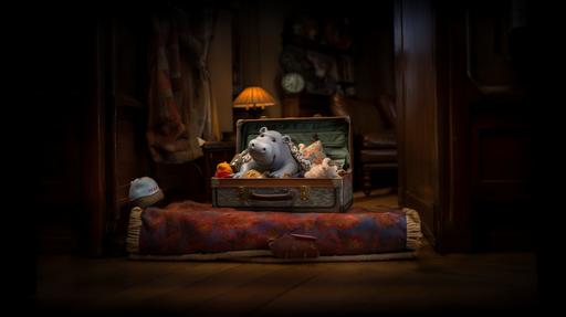 powerpoint wallpaper of a stuffed animal hippo trying to pack an overstuffed suitcase --ar 16:9