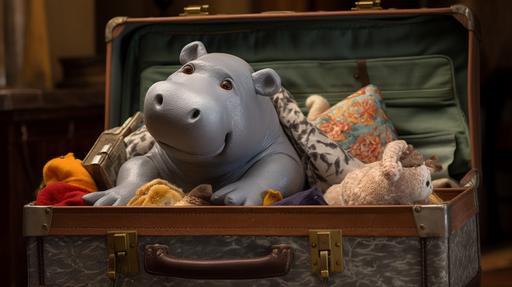 powerpoint wallpaper of a stuffed animal hippo trying to pack an overstuffed suitcase --ar 16:9