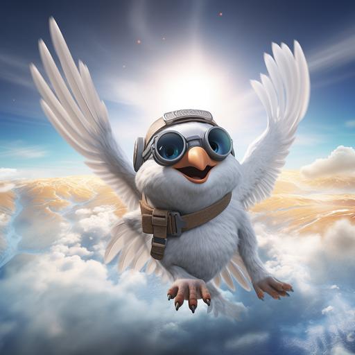 Create a dove as a 3D rendered matte cartoon in Noah's Ark. Flying. Wearing aviator pilot hat and goggles. The image should be child-friendly and suitable for a children's storybook