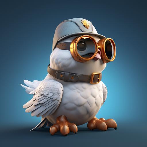 Create a dove as a 3D rendered matte cartoon in Noah's Ark. Side profile sitting. Wearing aviator pilot hat and goggles happy facial expressions. The image should be child-friendly and suitable for a children's storybook