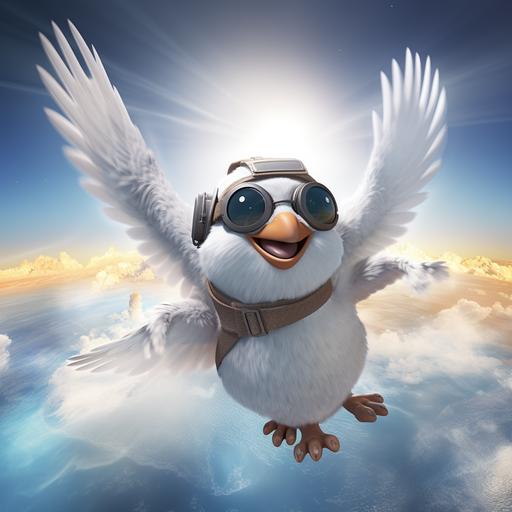 Create a dove as a 3D rendered matte cartoon in Noah's Ark. Flying. Wearing aviator pilot hat and goggles. The image should be child-friendly and suitable for a children's storybook