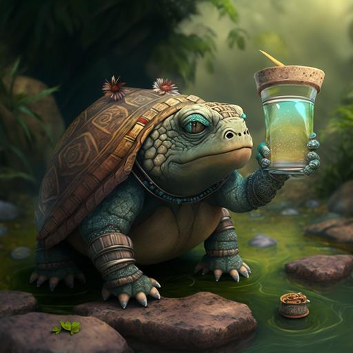 pozol, refreshing Mayan drink, future, a cute turtle, drinking with his hands