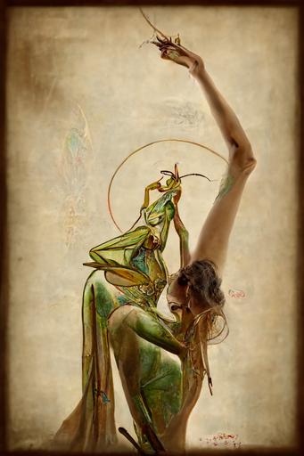 praying mantis human hybrid drawing a vision board, by Alphonse Mucha, Gismonda, 8k, cinematic, dramatic, bright, --ar 215:306