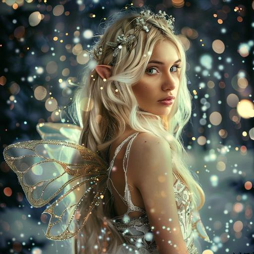 prefer remix beautiful fairy princess with bright blonde hair and mystical whiimsical fairy dust floating in the background --s 50 --style raw
