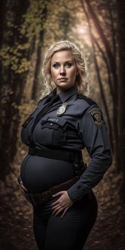 pregnant blonde police officer. Smal body. Huge belly. Detailed beautiful face. Beautiful Legs. Knee boots. Nature. Trees. highly realistic, professional portrait photography, 32k, Ultra-HD, post-processing, natural lighting --s 1000 --ar 2:4 --v 4 --s 250
