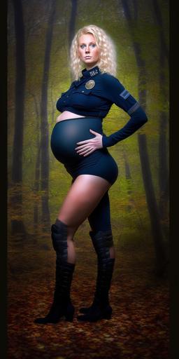 pregnant blonde police officer. Smal body. Huge belly. Detailed beautiful face. Beautiful Legs. Knee boots. Nature. Trees. highly realistic, professional portrait photography, 32k, Ultra-HD, post-processing, natural lighting --s 1000 --ar 2:4 --v 4 --s 250